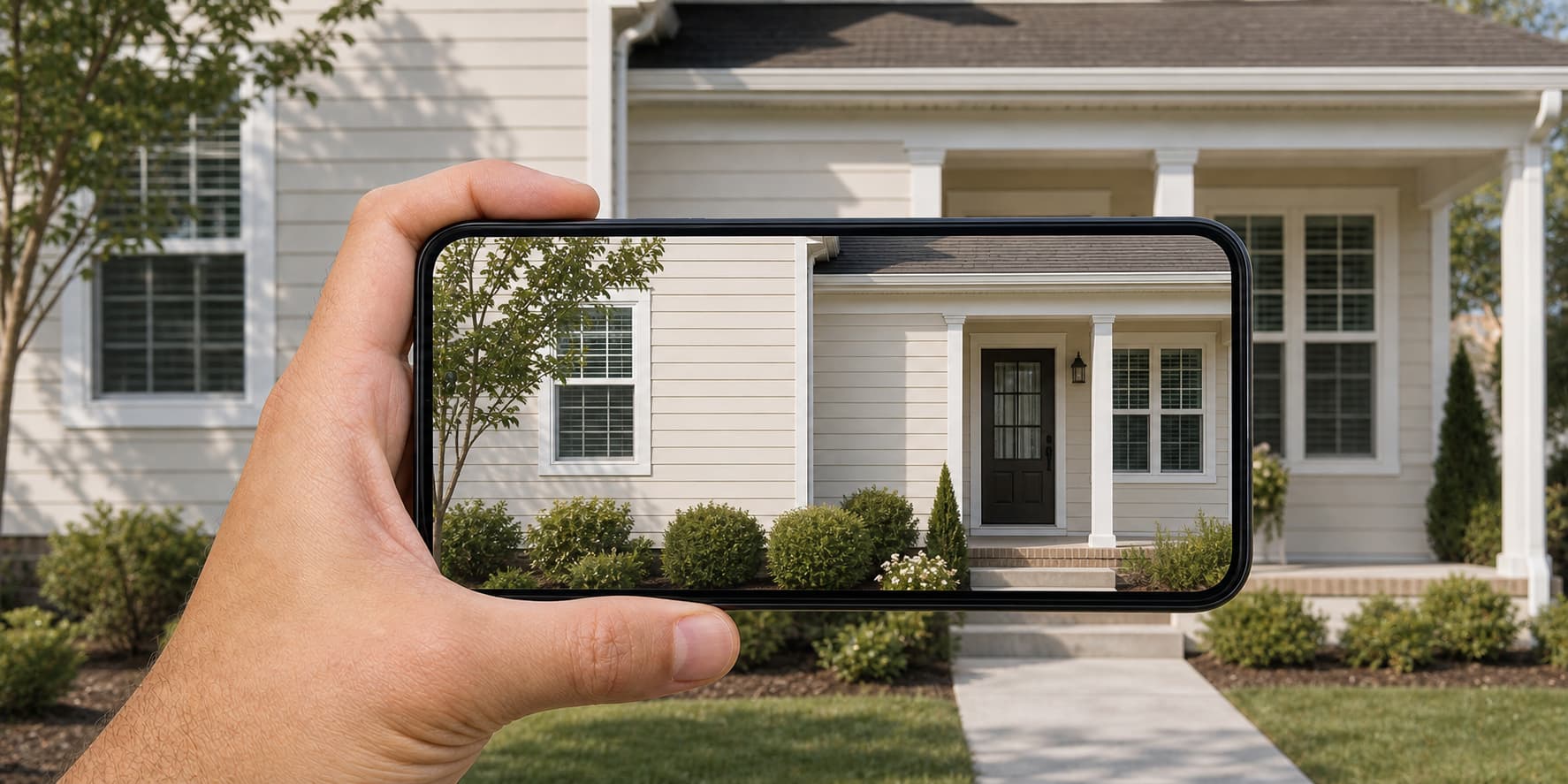 A hand holding a landscape phone that shows an off-white house exterior