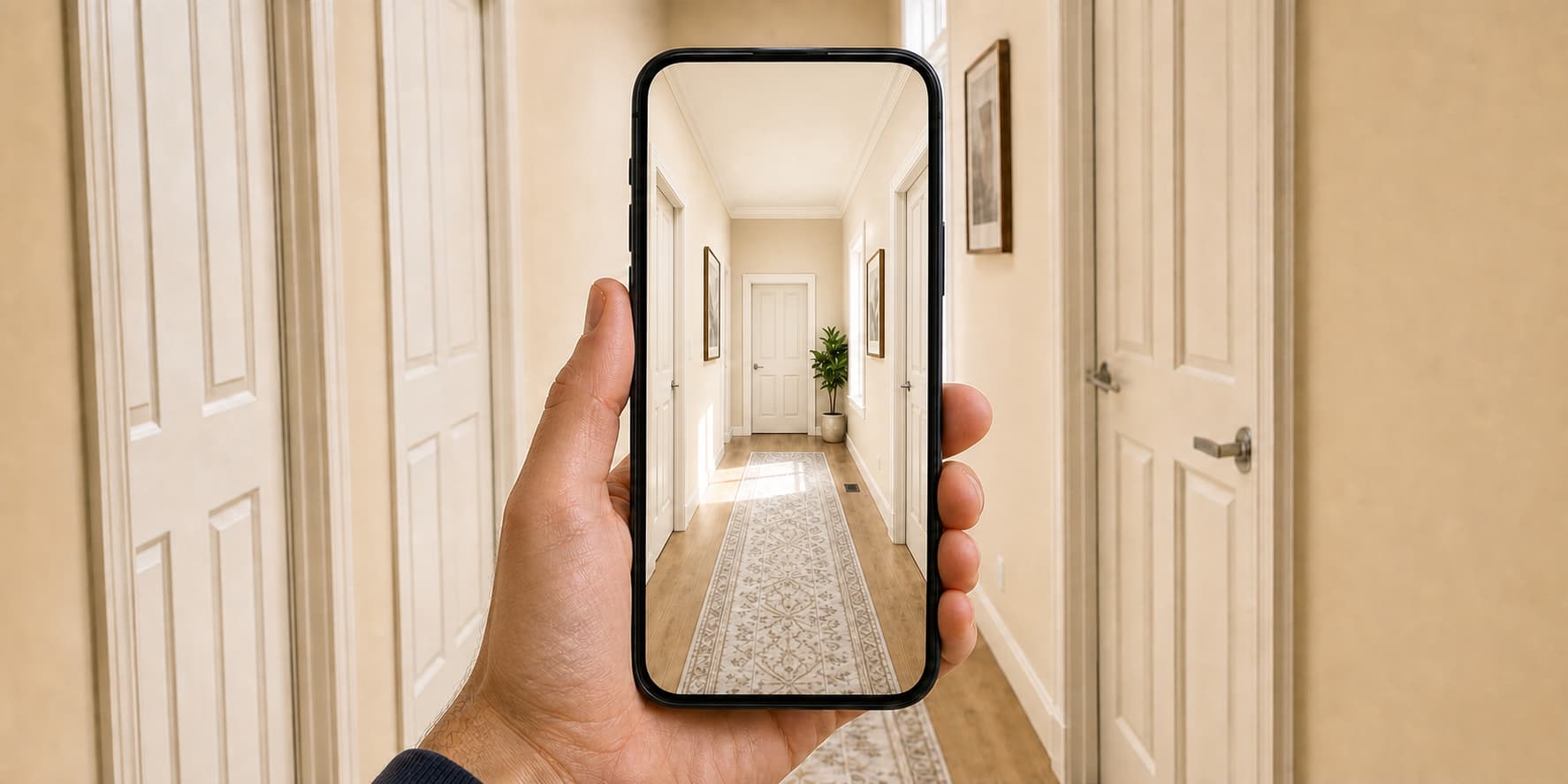 A hand holding a portrait phone that shows an unpainted hallway