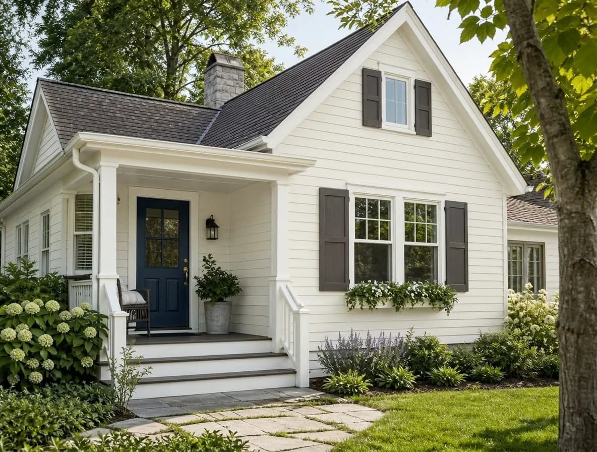 White house exterior with dark door and shutters
