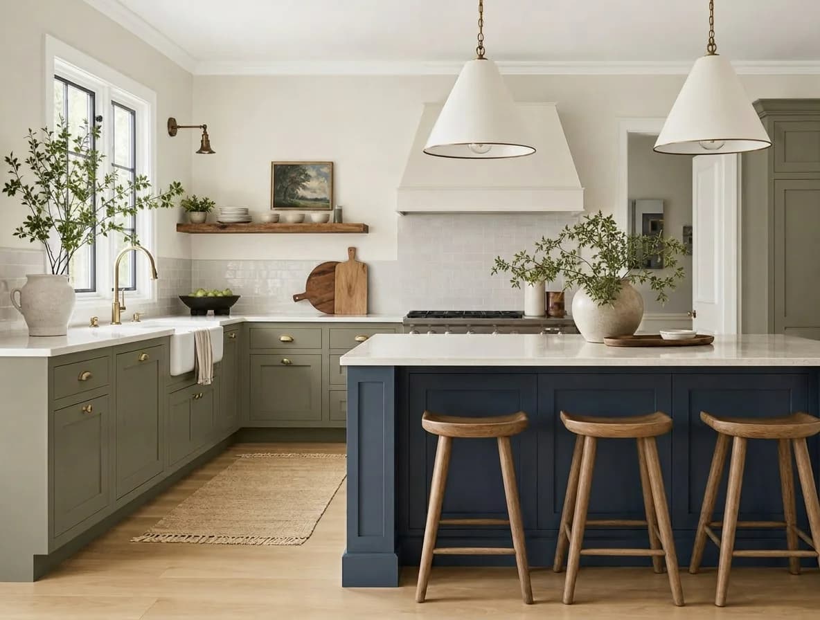 Kitchen with soft green cabinets and a dark navy island
