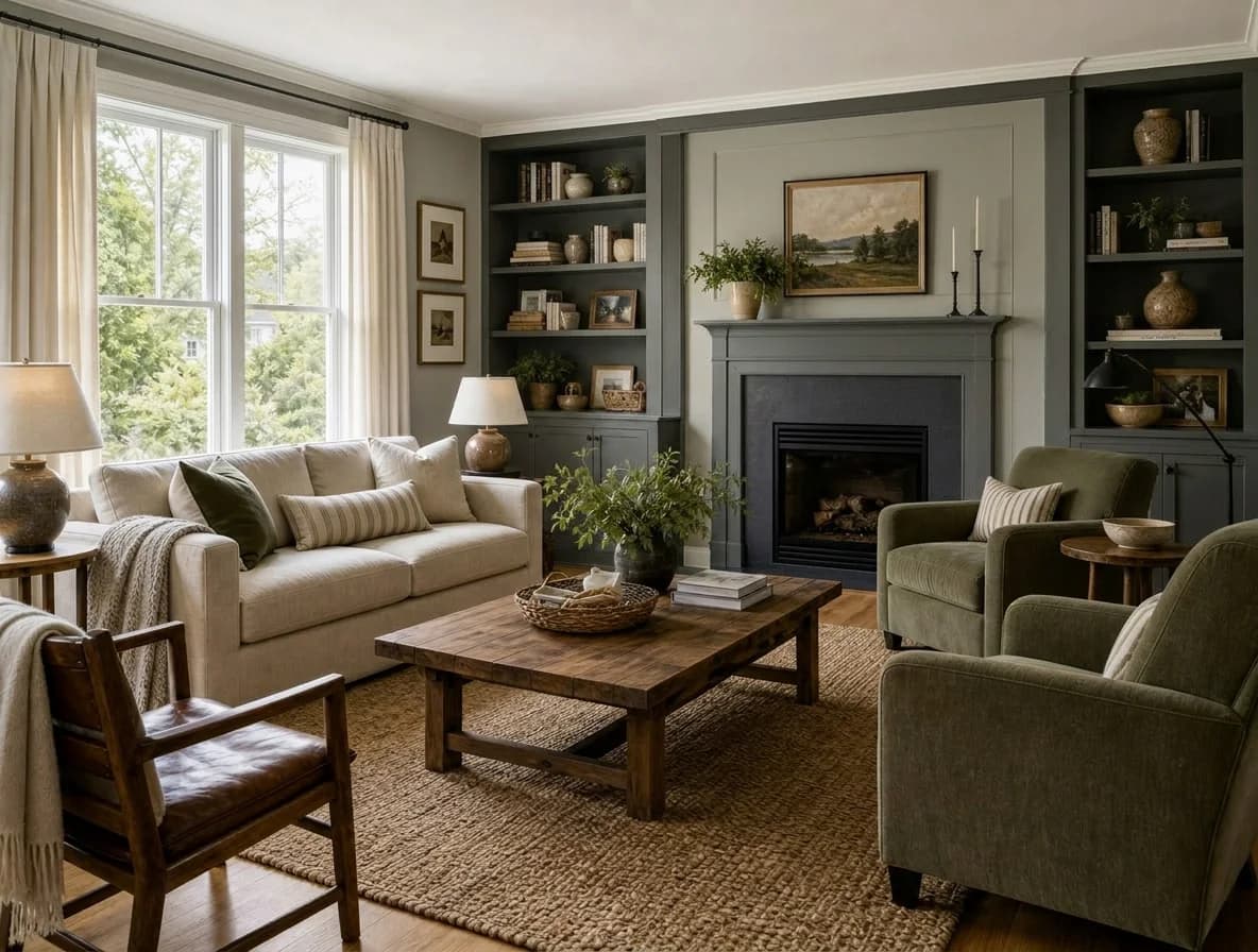 Living room with built-in shelving and warm neutral furnishings